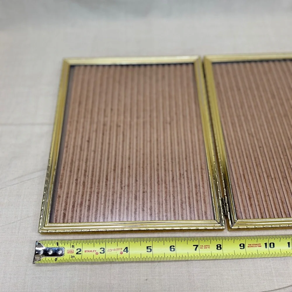 Vintage Brass Triple Folding Picture Frame Gold Tone Tabletop Display 1960s